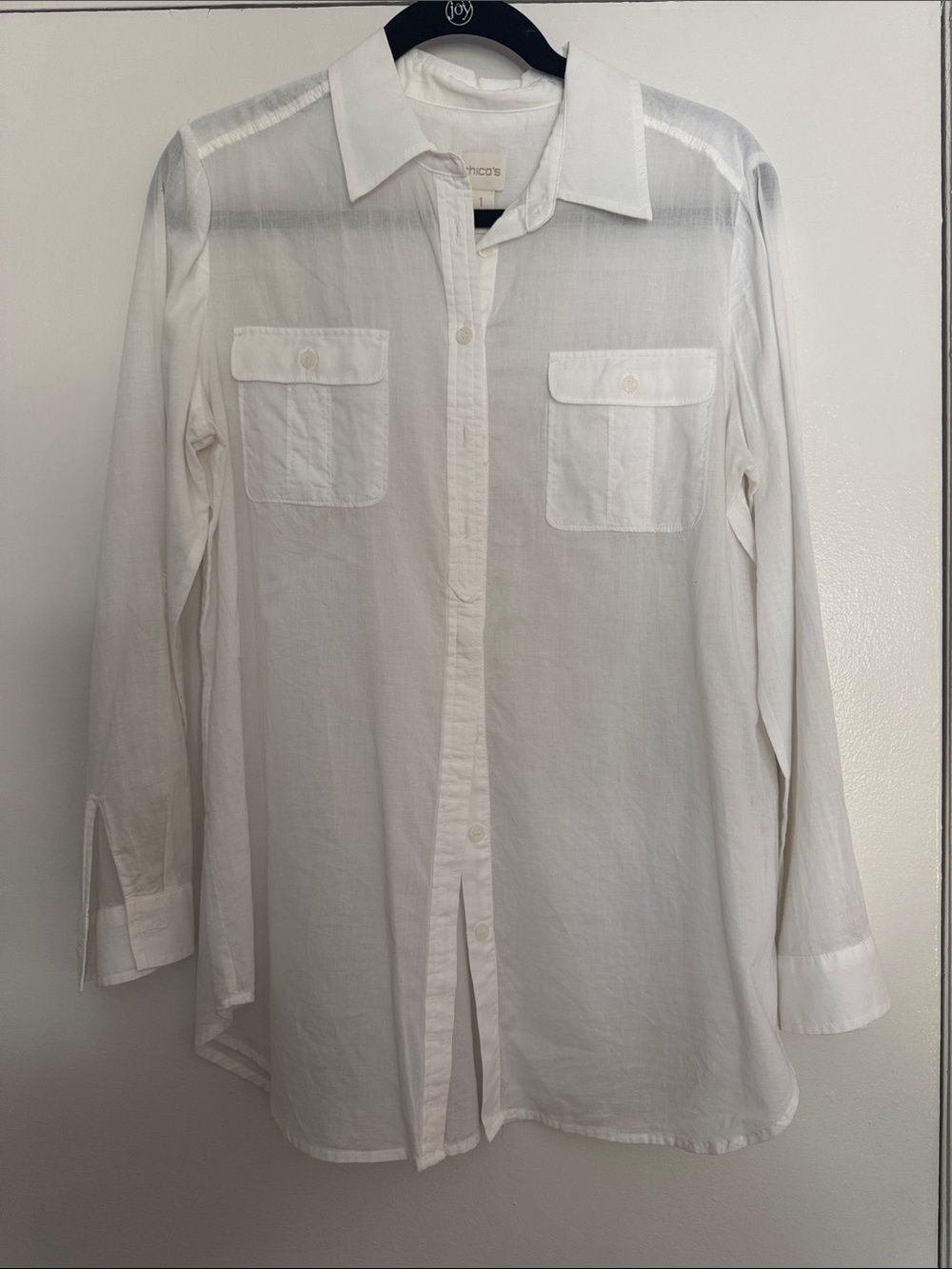 Chico's White Semi-Sheer Long-Sleeve Button-Up Tunic, Sz 1/US 8